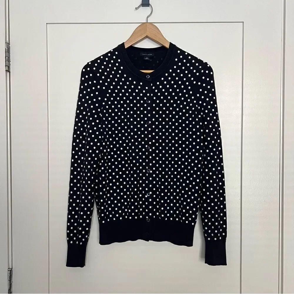 Tommy Hilfiger Cardigan Womens Sz M Navy Blue Polka Dot Button Front Pima Cotton